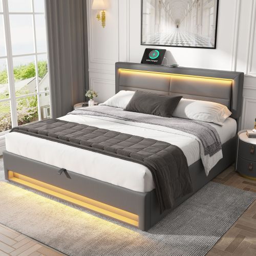 Upholstered Bed 150 X 200 Cm, King Size Bed-5ft,with USB Port Supports Wireless And Wired Charging, With LED Lighting And Storage Space, Without Mattress, PU Lychee Pattern, Grey