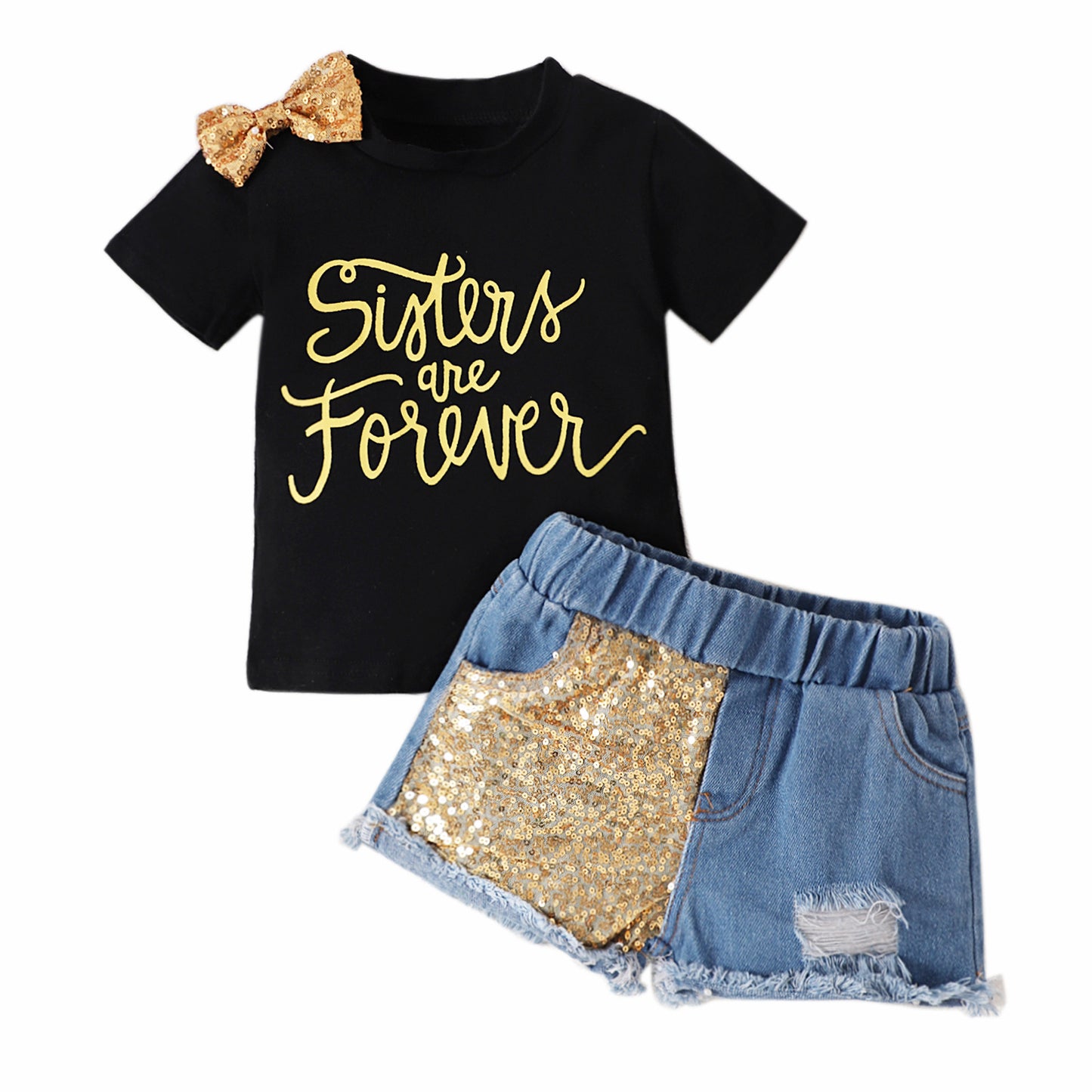Girls Bow Short Sleeve Letter Jacket Phnom Penh Sequins Ripped Denim Shorts Suit