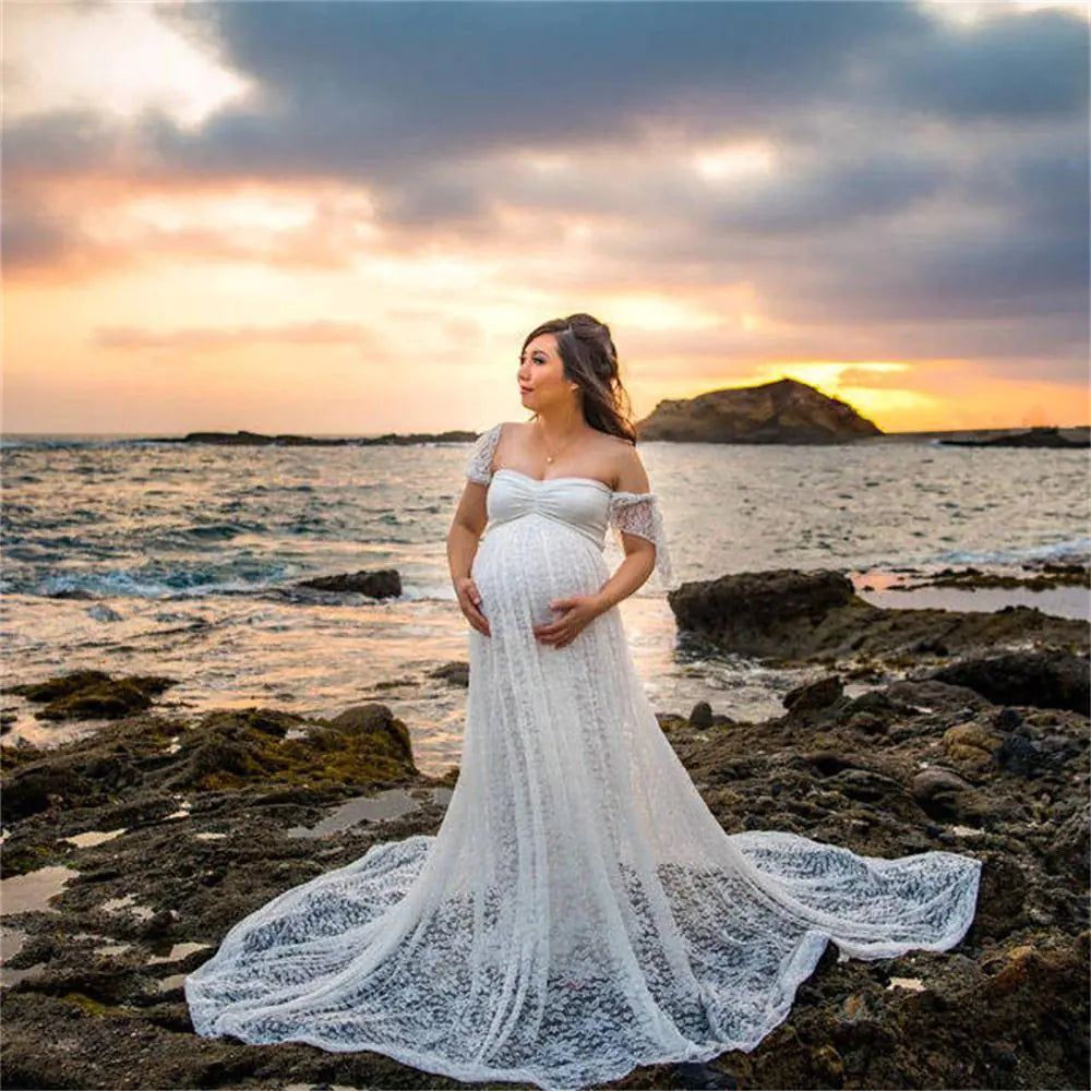 Lace Maternity Maxi Dress with Flutter Sleeves