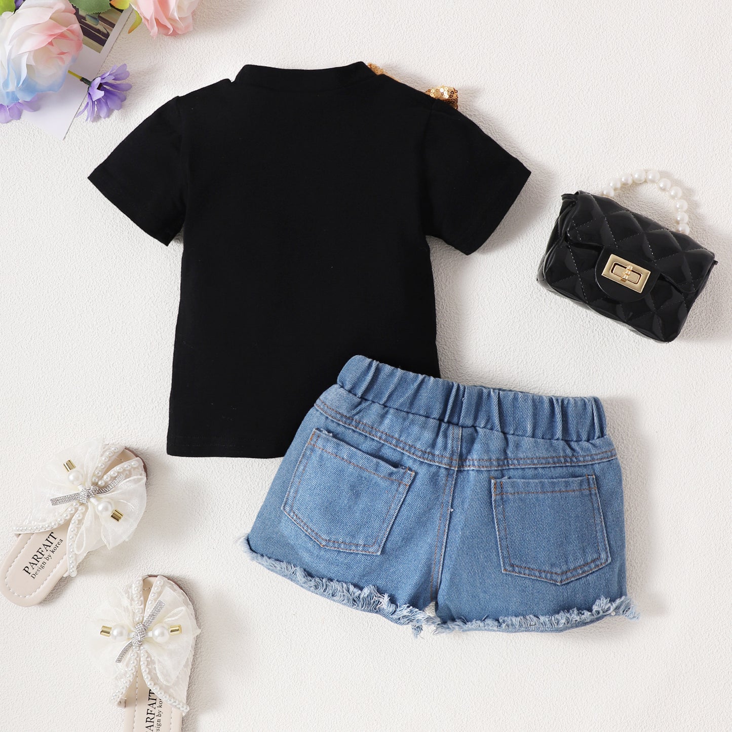 Girls Bow Short Sleeve Letter Jacket Phnom Penh Sequins Ripped Denim Shorts Suit