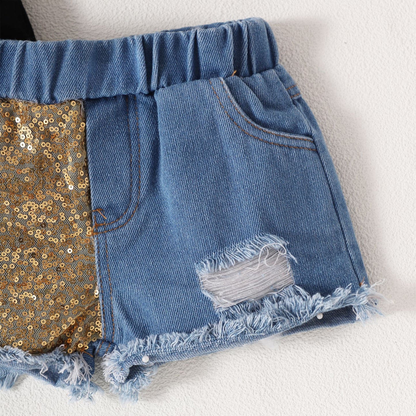Girls Bow Short Sleeve Letter Jacket Phnom Penh Sequins Ripped Denim Shorts Suit