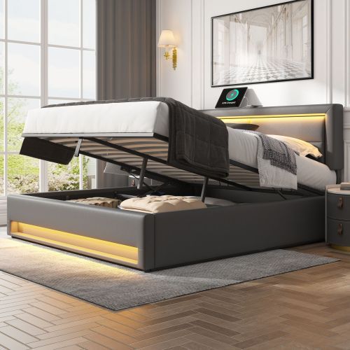 Upholstered Bed 150 X 200 Cm, King Size Bed-5ft,with USB Port Supports Wireless And Wired Charging, With LED Lighting And Storage Space, Without Mattress, PU Lychee Pattern, Grey