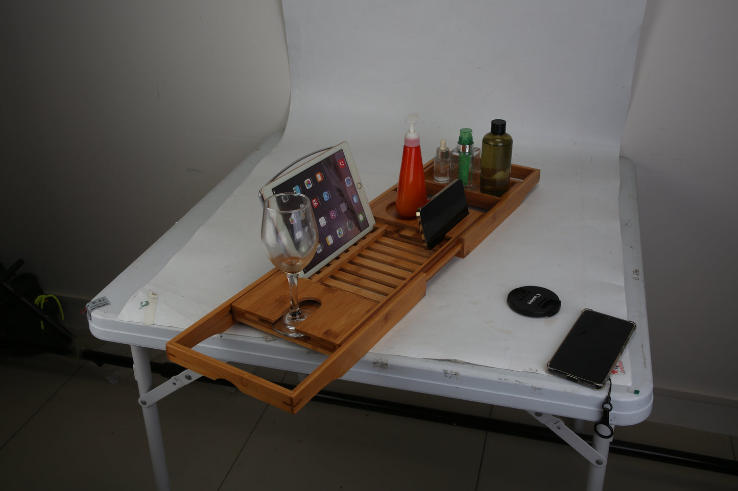 1Pc Bathtub Caddy Tray Crafted Bamboo Bath Tray Table Extendable Reading Rack Tablet Phone Holder Wine Glass Holder Shelf Desk Bathroom Spa