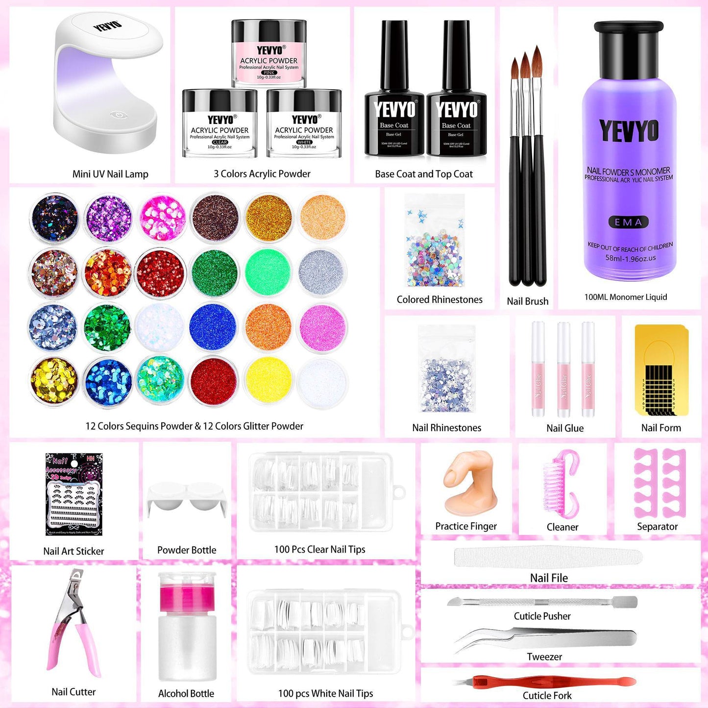 Professional 24 Color Glitter Acrylic Nail Powder And Liquid Monomer Set