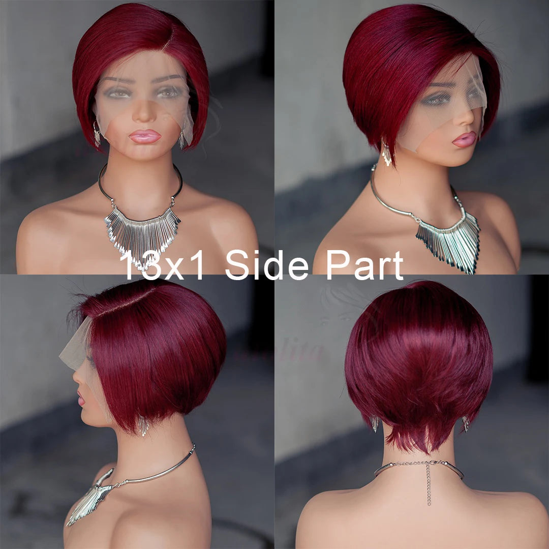 13x4 Short Bob Wig 100% Human Hair Wig Pixie Cut Colored 99J straight Lace Frontal Human Hair Wigs for Women 180% Density