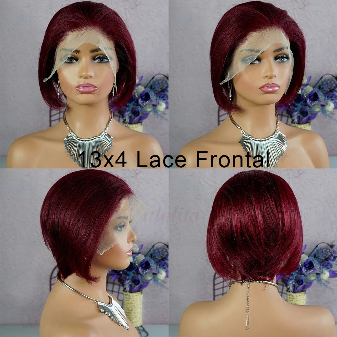13x4 Short Bob Wig 100% Human Hair Wig Pixie Cut Colored 99J straight Lace Frontal Human Hair Wigs for Women 180% Density