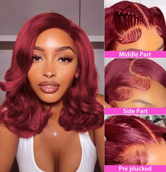 #99J Burgundy Body Wave Bob Wig 13x4 Lace Frontal Human Hair Wig Short Bob Wigs Pre Plucked 200% Density Human Hair For Women