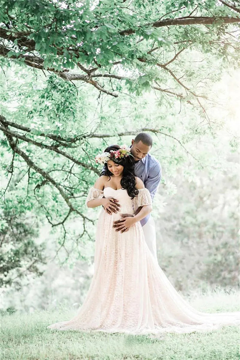 Lace Maternity Maxi Dress with Flutter Sleeves