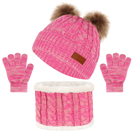 Kids Winter Beanie Hat Scarf Gloves SetToddlers Knit Winter Warm Double Pompom Cap Scarf Gloves for Girls Boys 1-5 Years Old (Pink Mix)