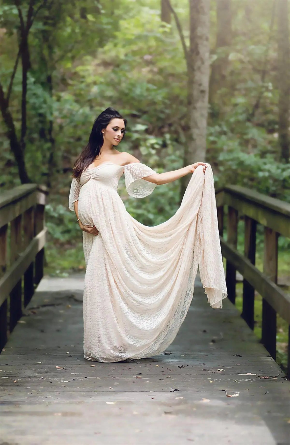 Lace Maternity Maxi Dress with Flutter Sleeves