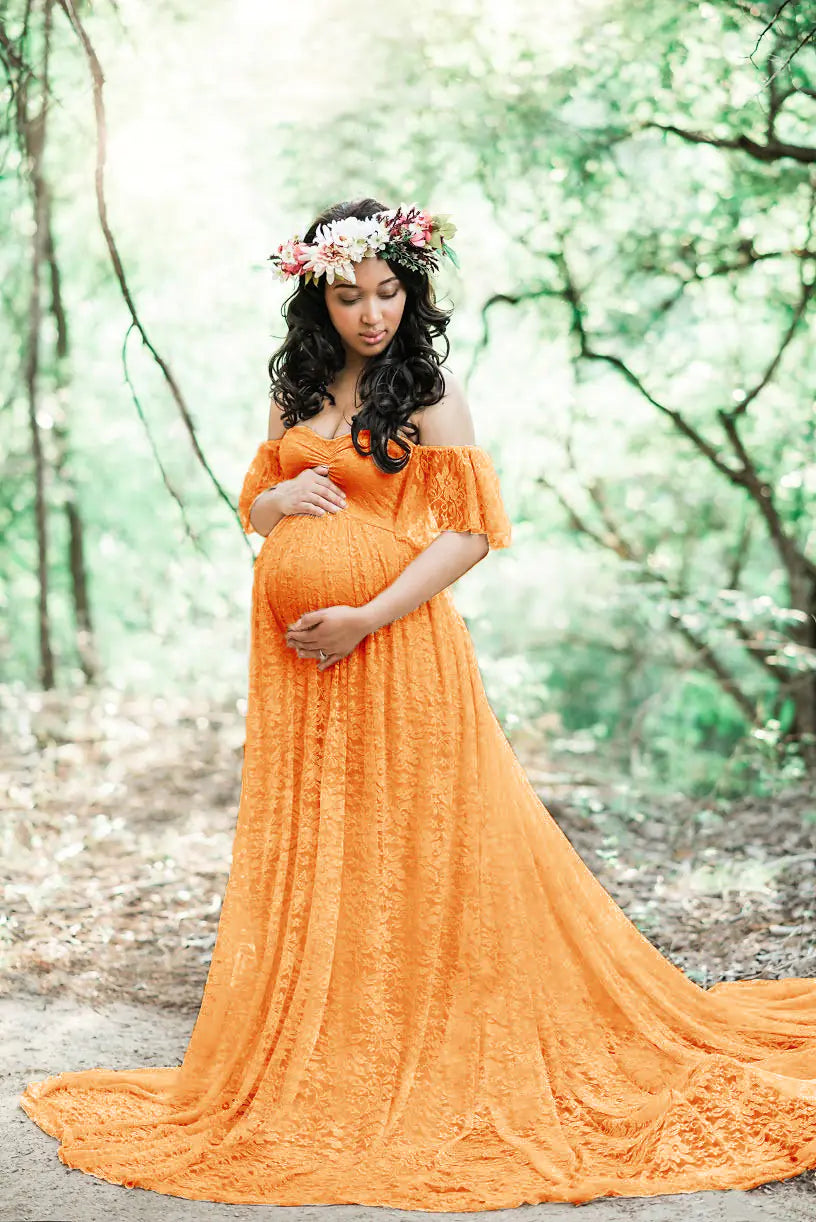 Lace Maternity Maxi Dress with Flutter Sleeves