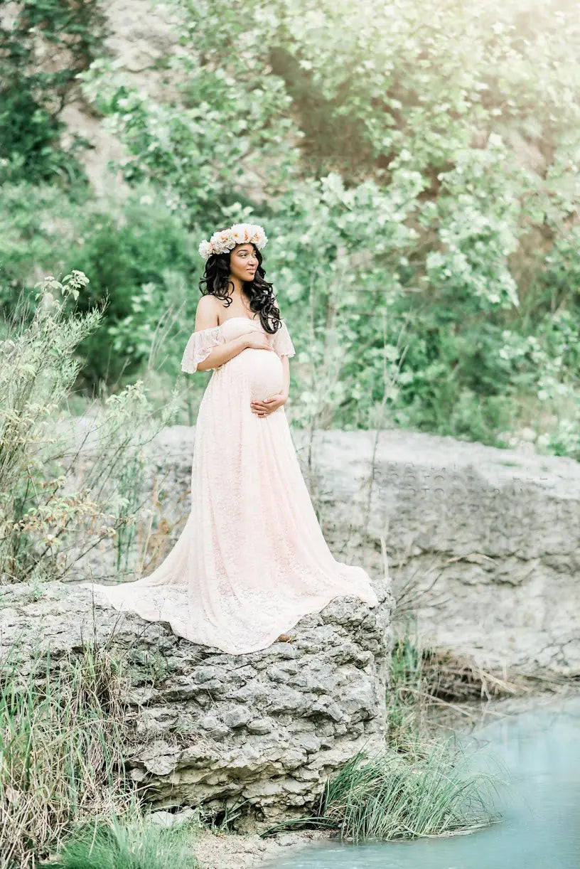 Lace Maternity Maxi Dress with Flutter Sleeves