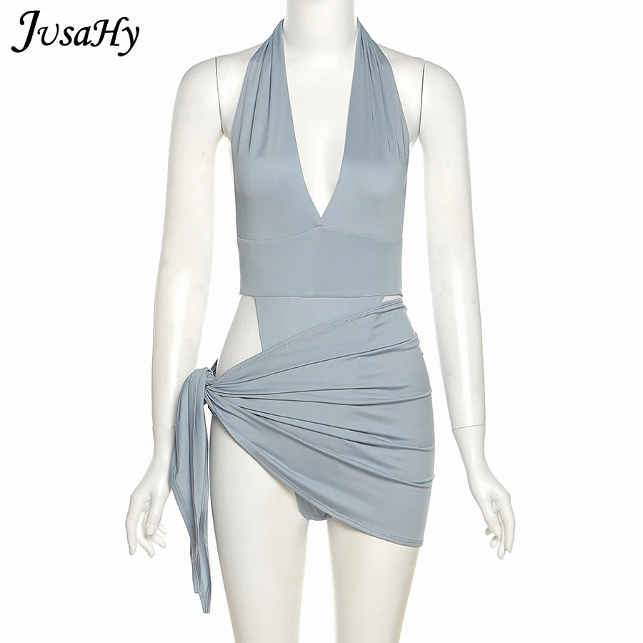 JusaHy Solid Deep V-Neck Two Piece Sets Halter Top And Mini Skirts Backless Summer Midnight Club Partywear Ruched Women Sets Hot