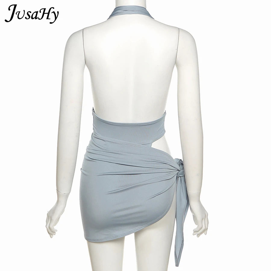 JusaHy Solid Deep V-Neck Two Piece Sets Halter Top And Mini Skirts Backless Summer Midnight Club Partywear Ruched Women Sets Hot