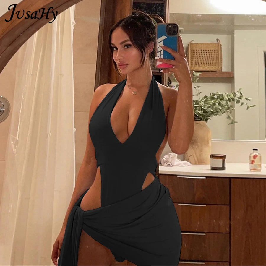 JusaHy Solid Deep V-Neck Two Piece Sets Halter Top And Mini Skirts Backless Summer Midnight Club Partywear Ruched Women Sets Hot