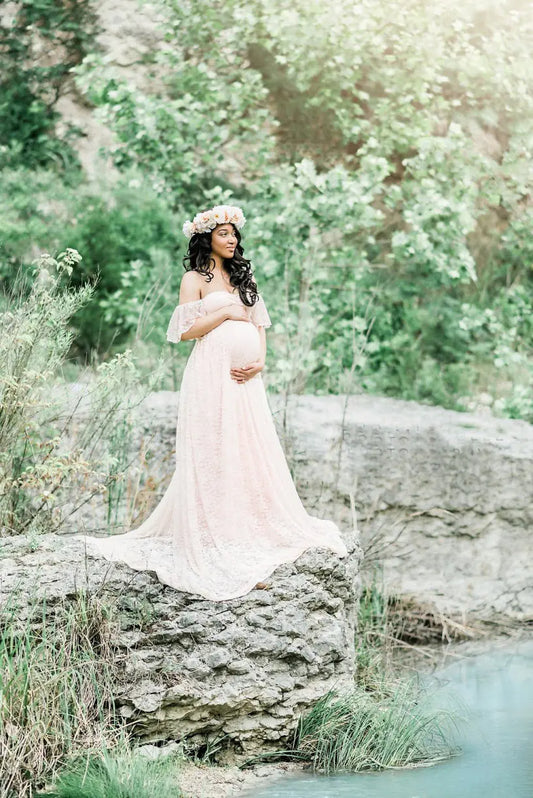 Lace Maternity Maxi Dress with Flutter Sleeves