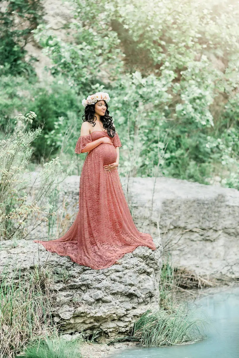 Lace Maternity Maxi Dress with Flutter Sleeves