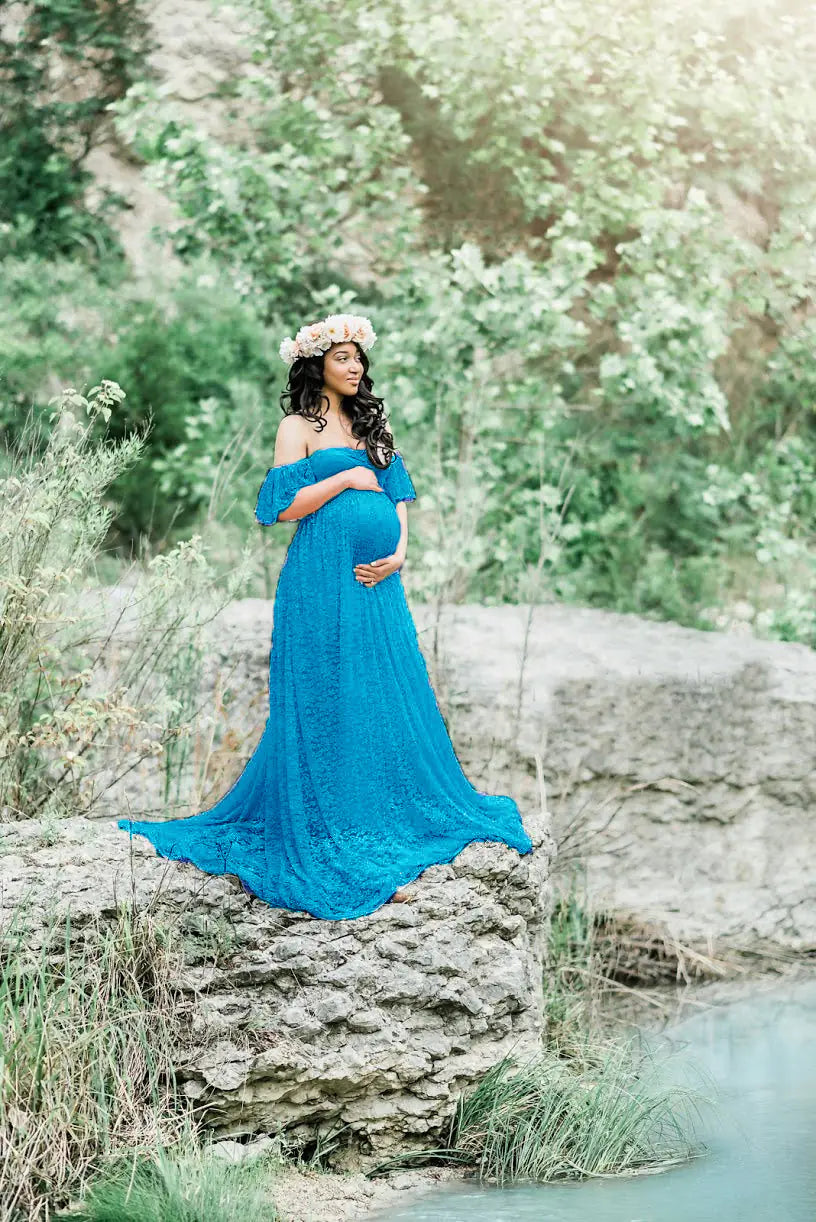 Lace Maternity Maxi Dress with Flutter Sleeves