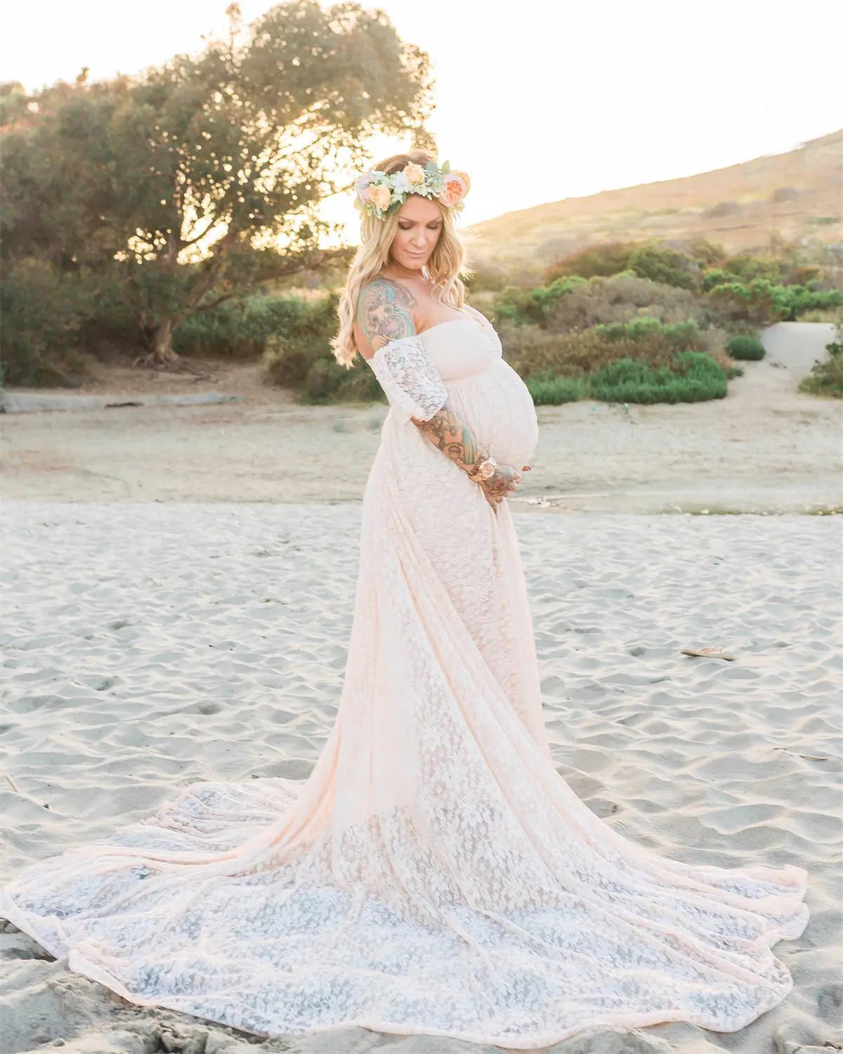 Lace Maternity Maxi Dress with Flutter Sleeves