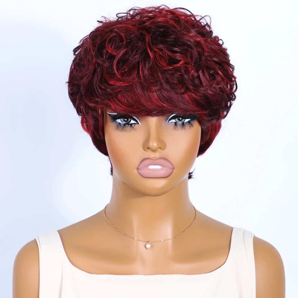 Natural Black Short Pixie Cut Curly 100% Human Hair Wig For Women Brazilian Remy Hair Colored Side Part Full Machine Wigs