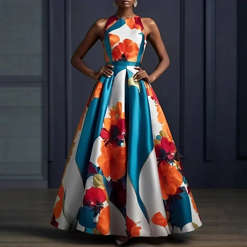 Vestidos Sexy Sleeveless Hem Gowns Evening Dress Woman Flower Print High Waist Long Dress Spring Summer O Neck Boho Maxi Dresses