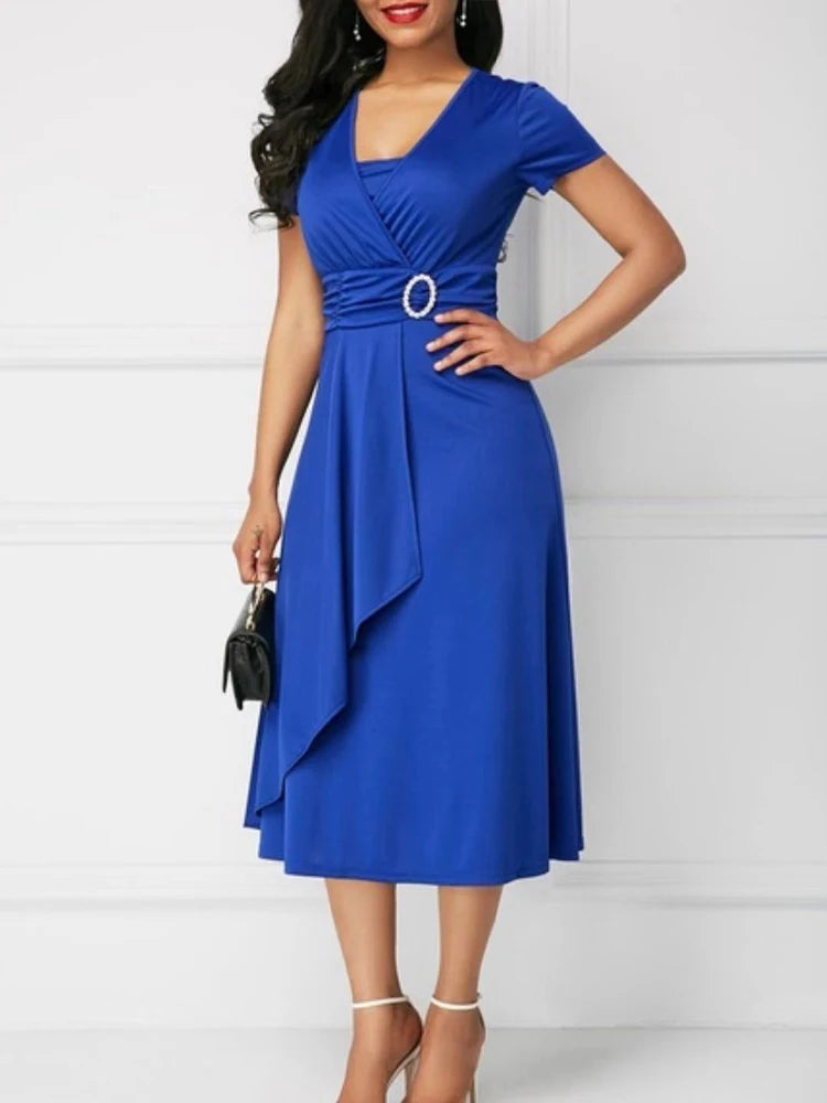 Women Elegant Dress Solid Color Short Sleeve V Neck Midi Dresses