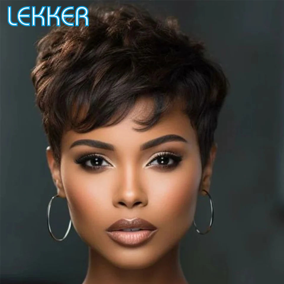 Natural Black Short Pixie Cut Curly 100% Human Hair Wig For Women Brazilian Remy Hair Colored Side Part Full Machine Wigs