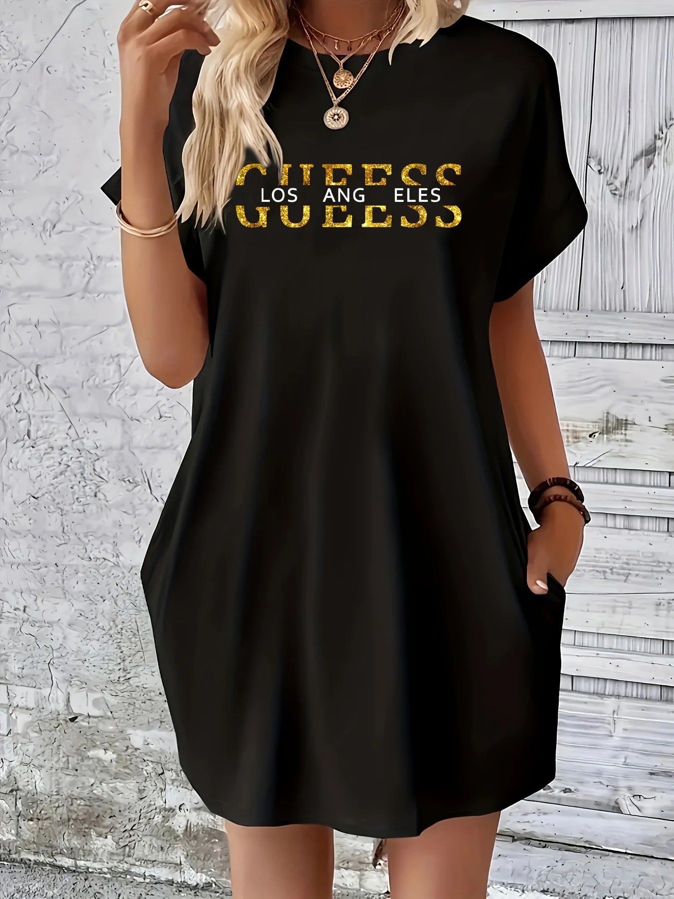 Women summer letter pattern print round neck short sleeved With pocket comfortable casual dress