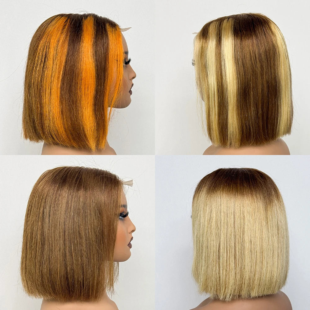Double Drawn Bone Straight 100% Human Hair Wig 2x6 Lace Clsoure Colored 250% Density Short Bob Remy Hair Wigs for Black Women