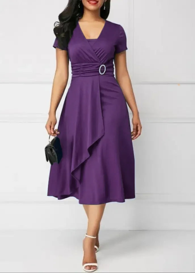 Women Elegant Dress Solid Color Short Sleeve V Neck Midi Dresses