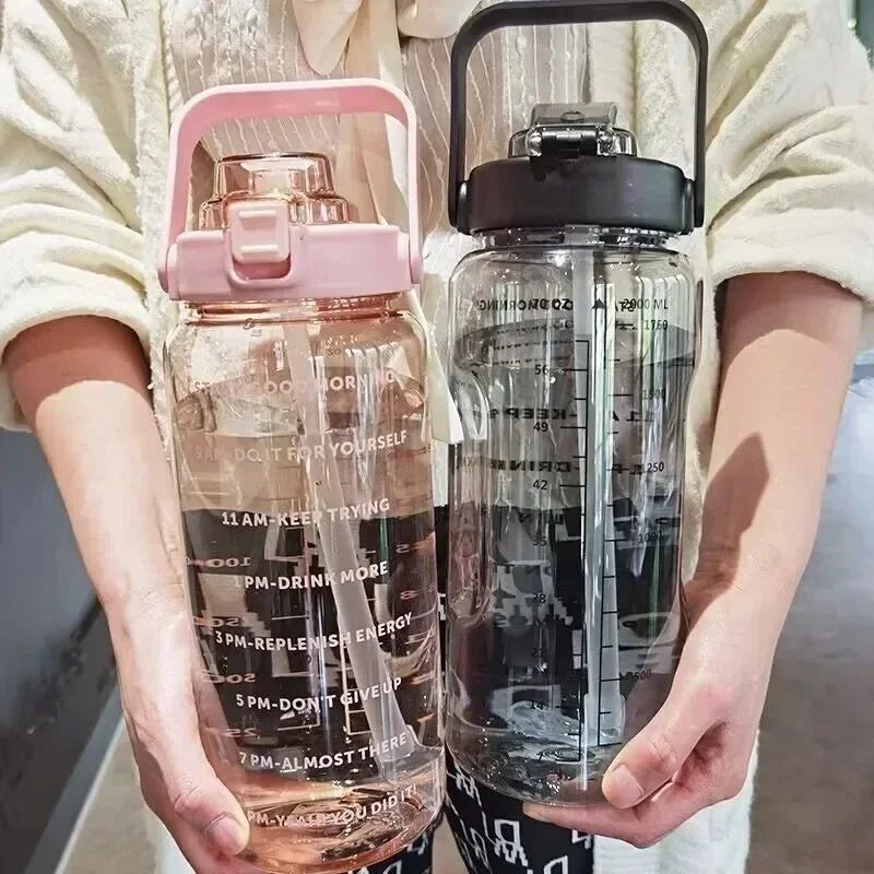 64oz Large Motivational Water Bottle With Time Marker ,plastic cup portable Bottle With Straw Handle Tritan Frosted Water Jug for Gym, Bottle Sports Fitness