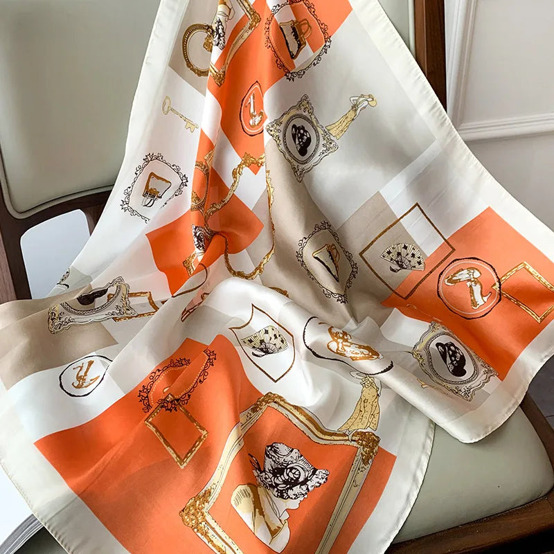 70cm Chain Print Silk Satin Hair Scarf Women Handkerchief Printed Female Square Head Bandana Small Neck Muffler Hijab Lady Girl