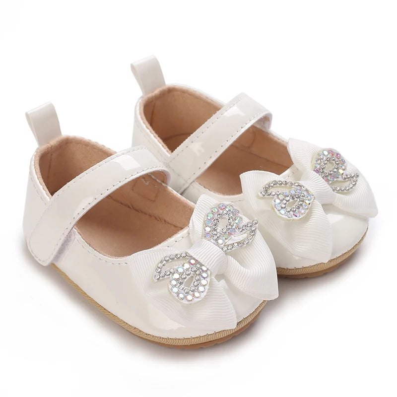 Newborn Princess Shoes Soft Leather Anti Slip Rubber Sole Baby Shoes White Girls Shoes