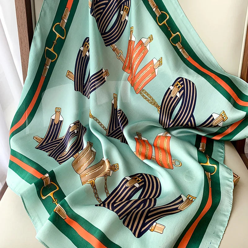 70cm Chain Print Silk Satin Hair Scarf Women Handkerchief Printed Female Square Head Bandana Small Neck Muffler Hijab Lady Girl