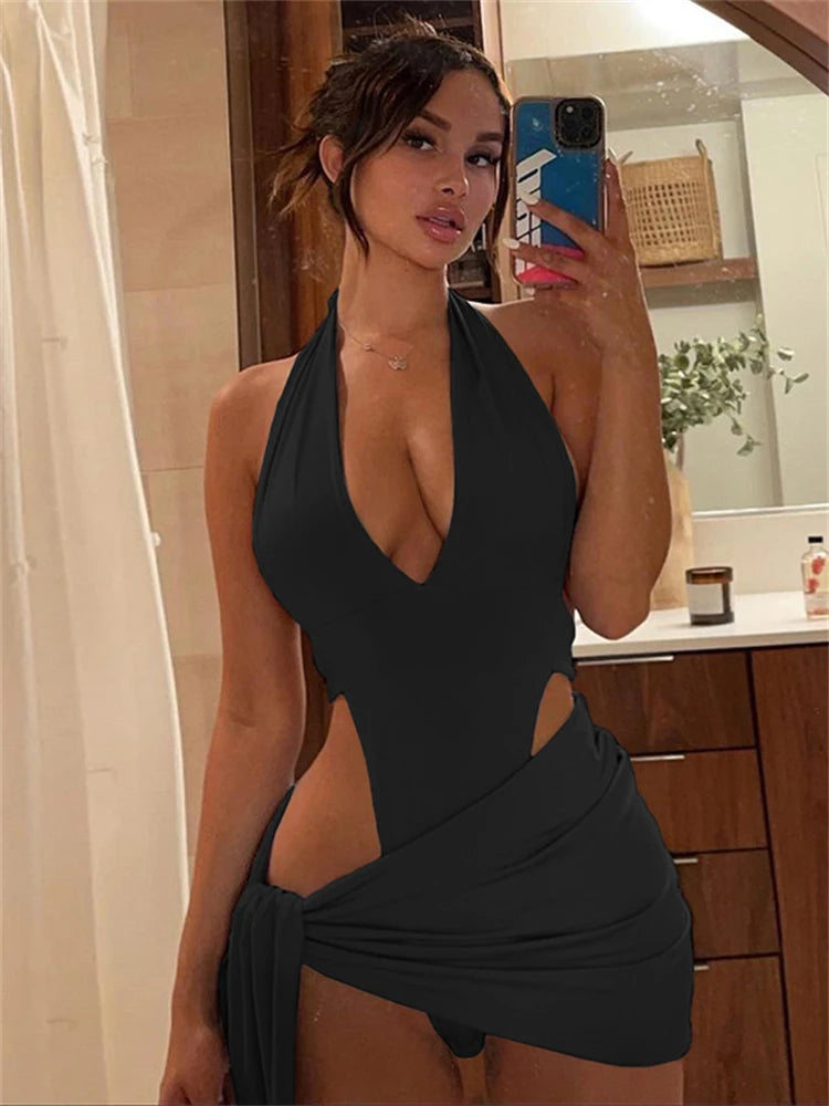 JusaHy Solid Deep V-Neck Two Piece Sets Halter Top And Mini Skirts Backless Summer Midnight Club Partywear Ruched Women Sets Hot