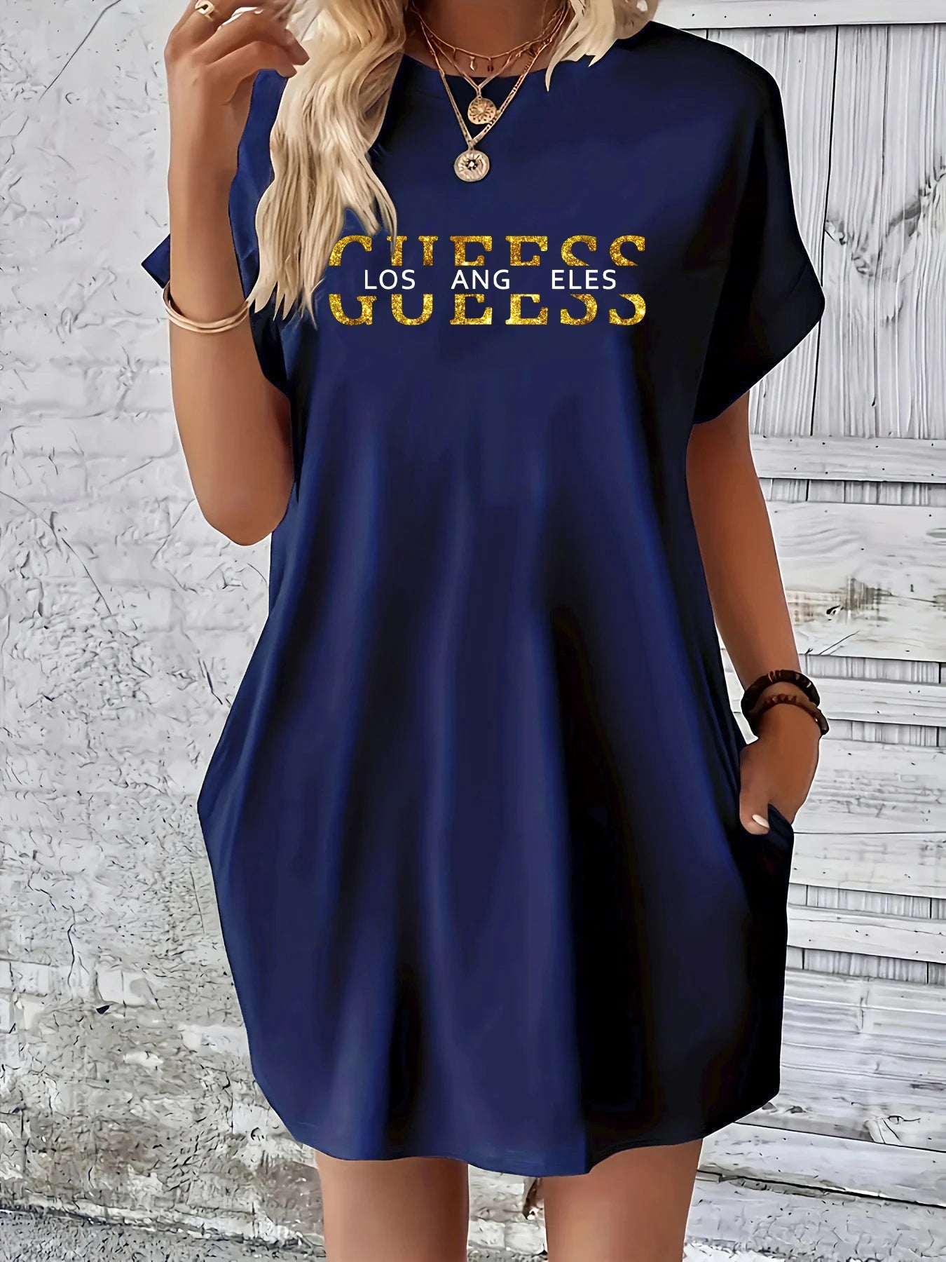 Women summer letter pattern print round neck short sleeved With pocket comfortable casual dress