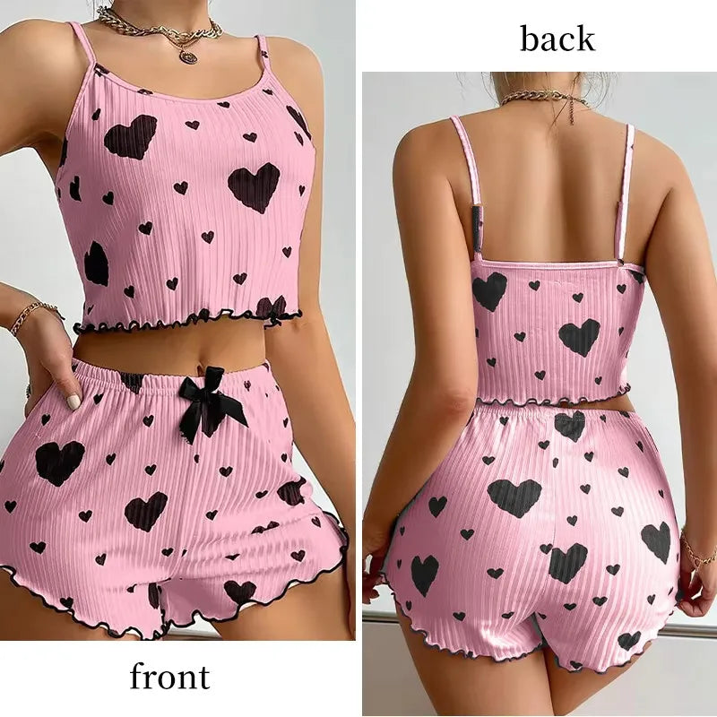 Women's Pajama Set Breathable Soft Casual Love Printed Design Sweet Home Strap Shorts Pajamas