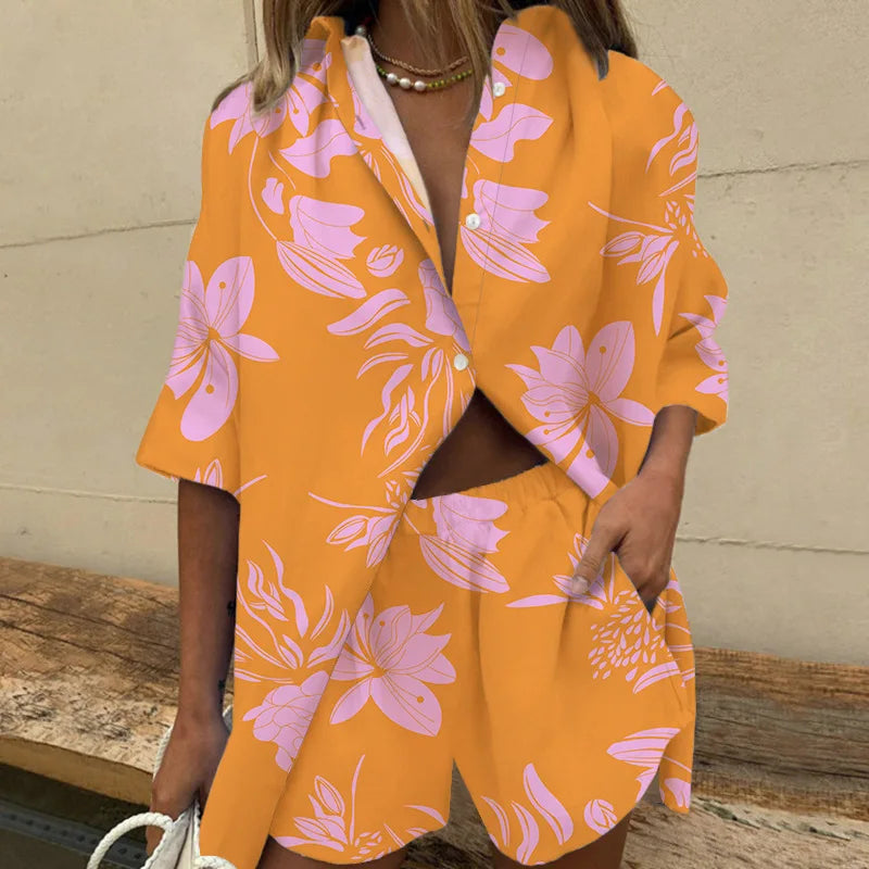 Two Piece Short Sets Women Summer Casual Print Short Sleeve Shirts 2 Piece Set Shorts Fashion Loose Office Shirts Suit Outfites