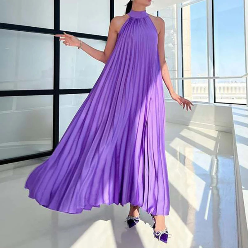 New 2025 Elegant Solid Swing Loose Party Dress Spring Female Halter Slim Banquet Long Dress Women Sexy Off Shoulder Gala Dress