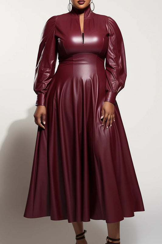 Plus Size Cocktail Party Burgundy Mock Neck Lantern Sleeve Long Sleeve PU Leather Midi Dresses