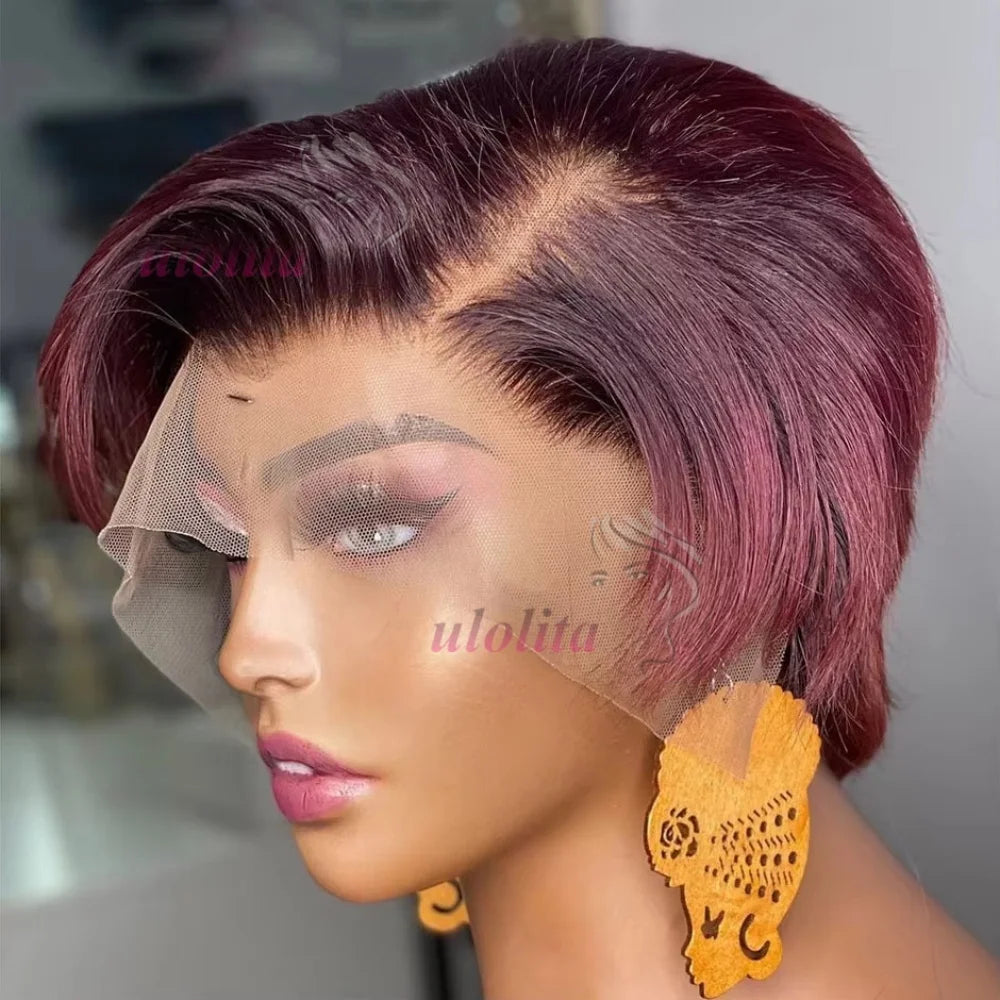 13x4 Short Bob Wig 100% Human Hair Wig Pixie Cut Colored 99J straight Lace Frontal Human Hair Wigs for Women 180% Density