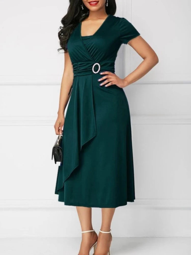 Women Elegant Dress Solid Color Short Sleeve V Neck Midi Dresses