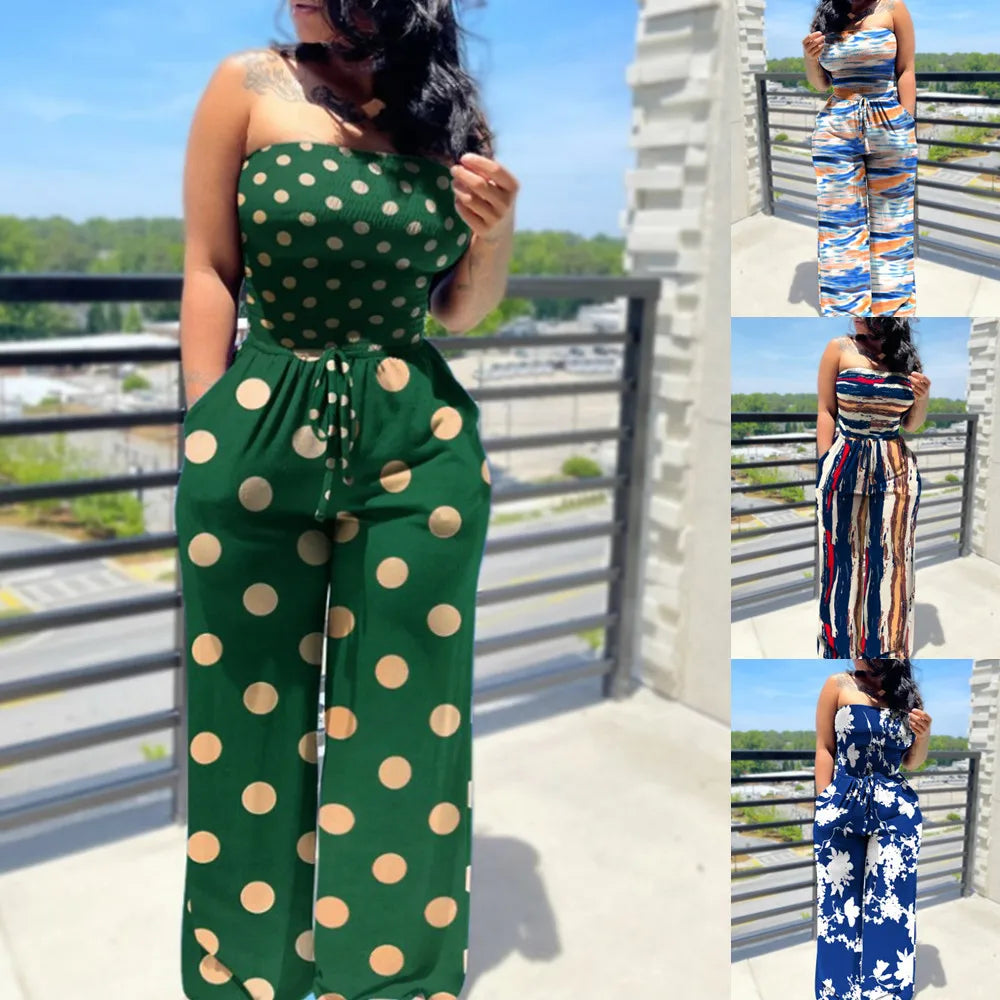 Women's casual Sleeveless Tight Polka Dot Printing Jumpsuits Elegant And Fashionable Off Shoulder pleated Long pants Rompers