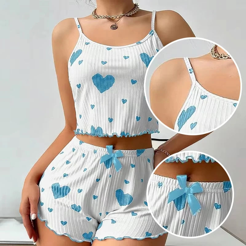 Women's Pajama Set Breathable Soft Casual Love Printed Design Sweet Home Strap Shorts Pajamas