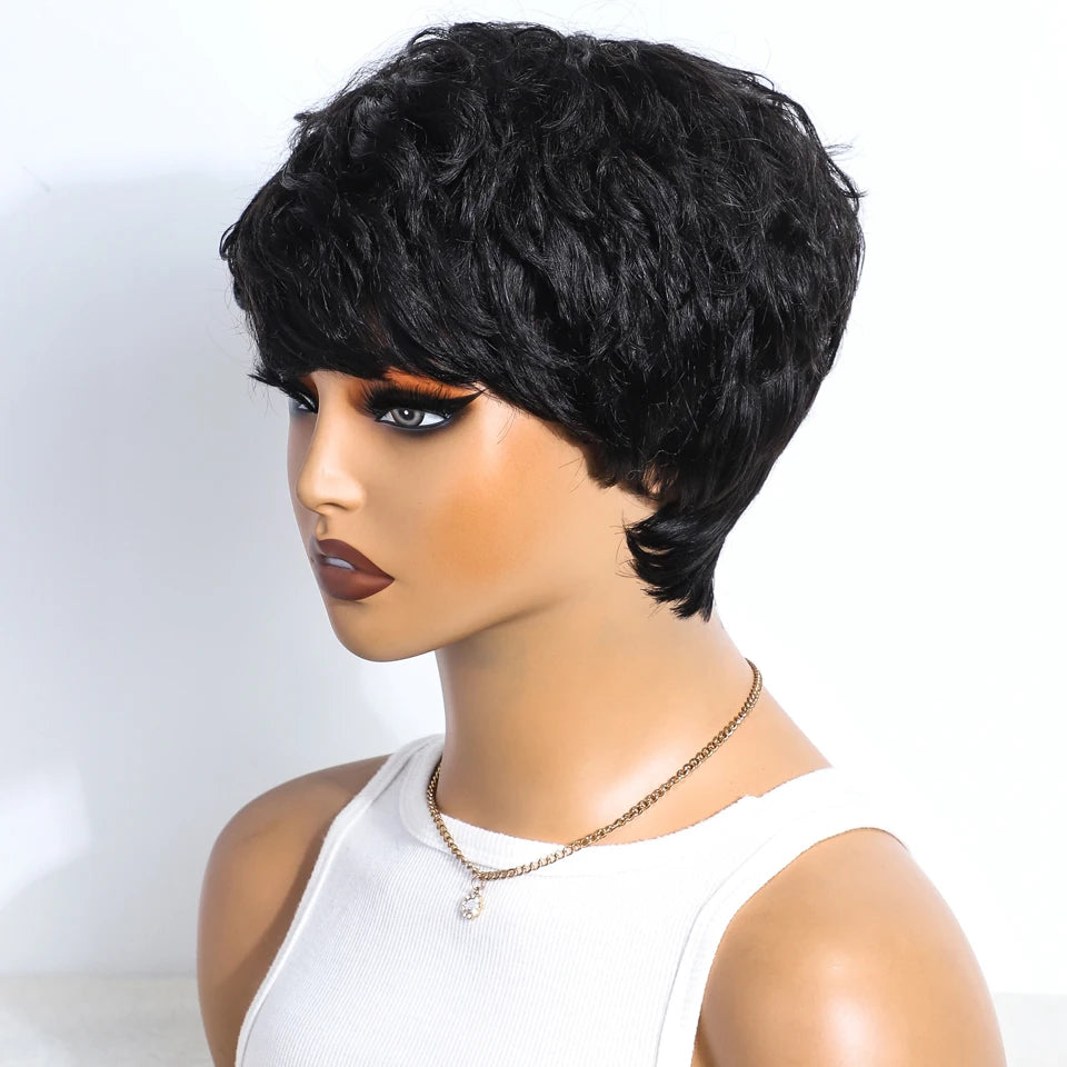 Natural Black Short Pixie Cut Curly 100% Human Hair Wig For Women Brazilian Remy Hair Colored Side Part Full Machine Wigs