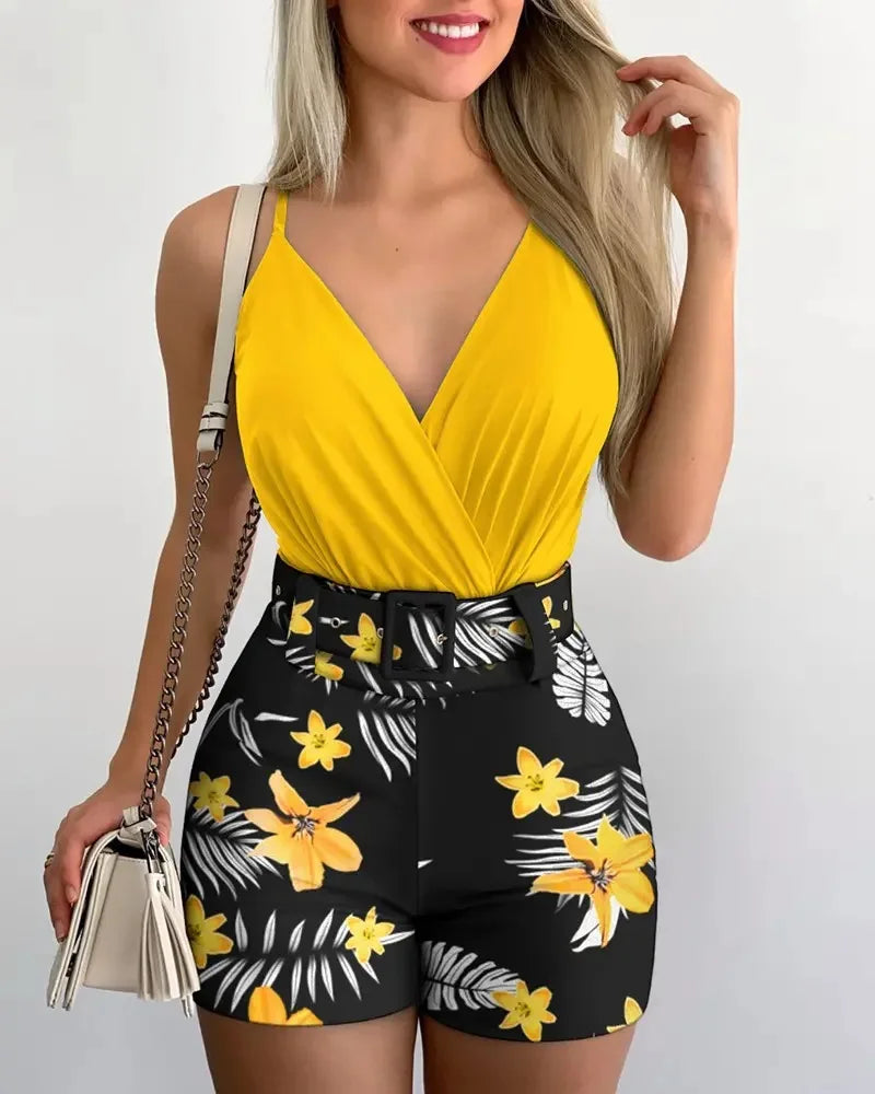 Dress Sets Short Sets In The Summer Of 2024 Women Printed Tight Mini Skirt Set, Deep V-neck Sexy Suit, Party Suspender And Skirt