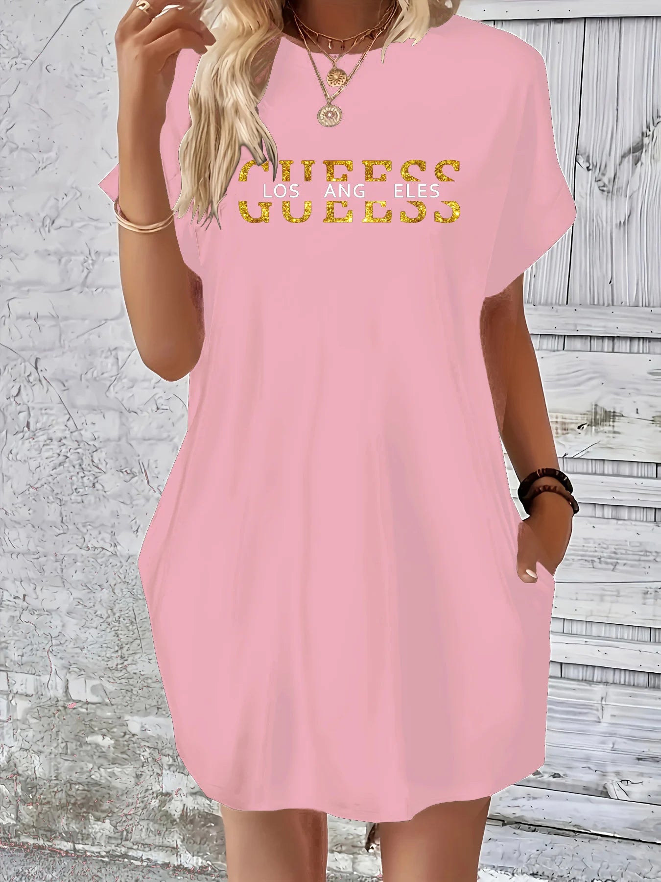 Women summer letter pattern print round neck short sleeved With pocket comfortable casual dress
