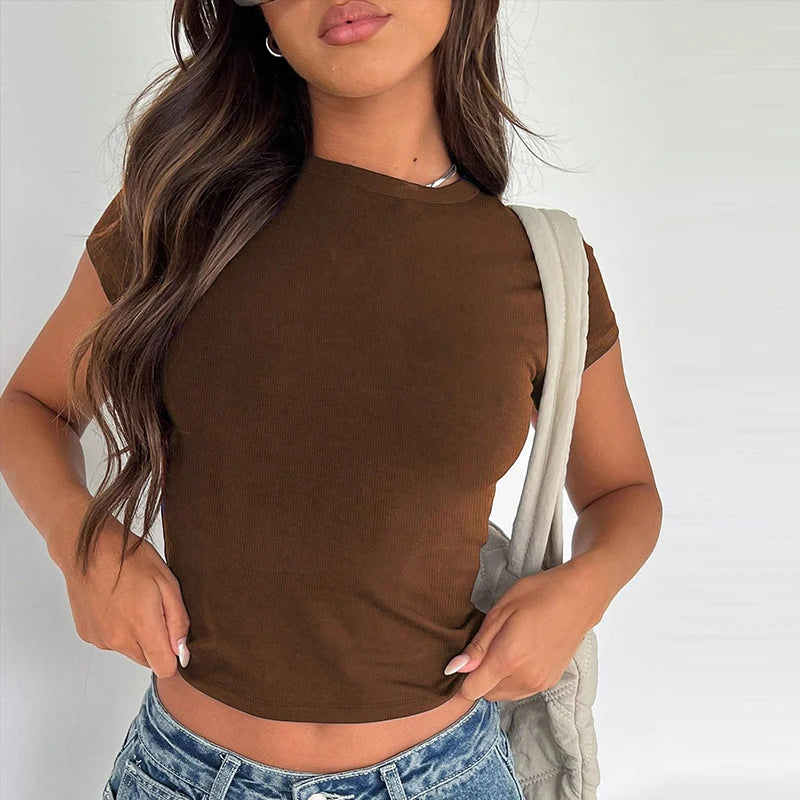Sexy Women's T-shirt Solid New Summer Streetwear Fashion O-Neck Short Sleeve Top Simple Basic Versatile Lady Casual Slim T-shirt