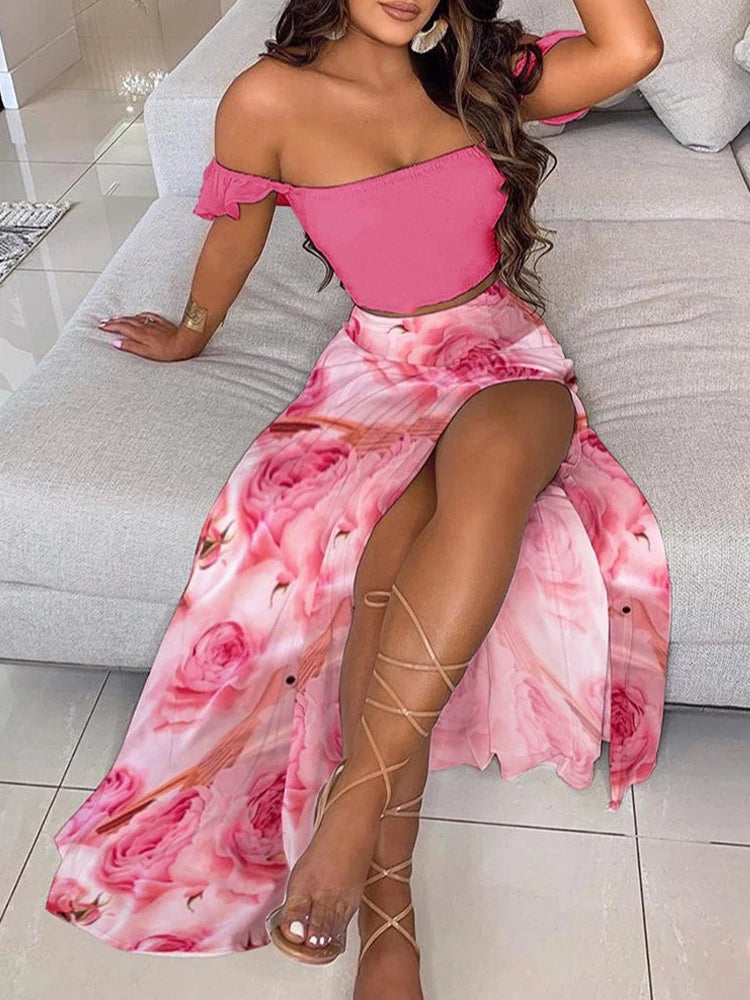 Summer Fashion Sets For Women 2 Pieces Solid Pleated Tops & Floral Print High Waist Midi Skirt Chic Lady Long Skirts Set