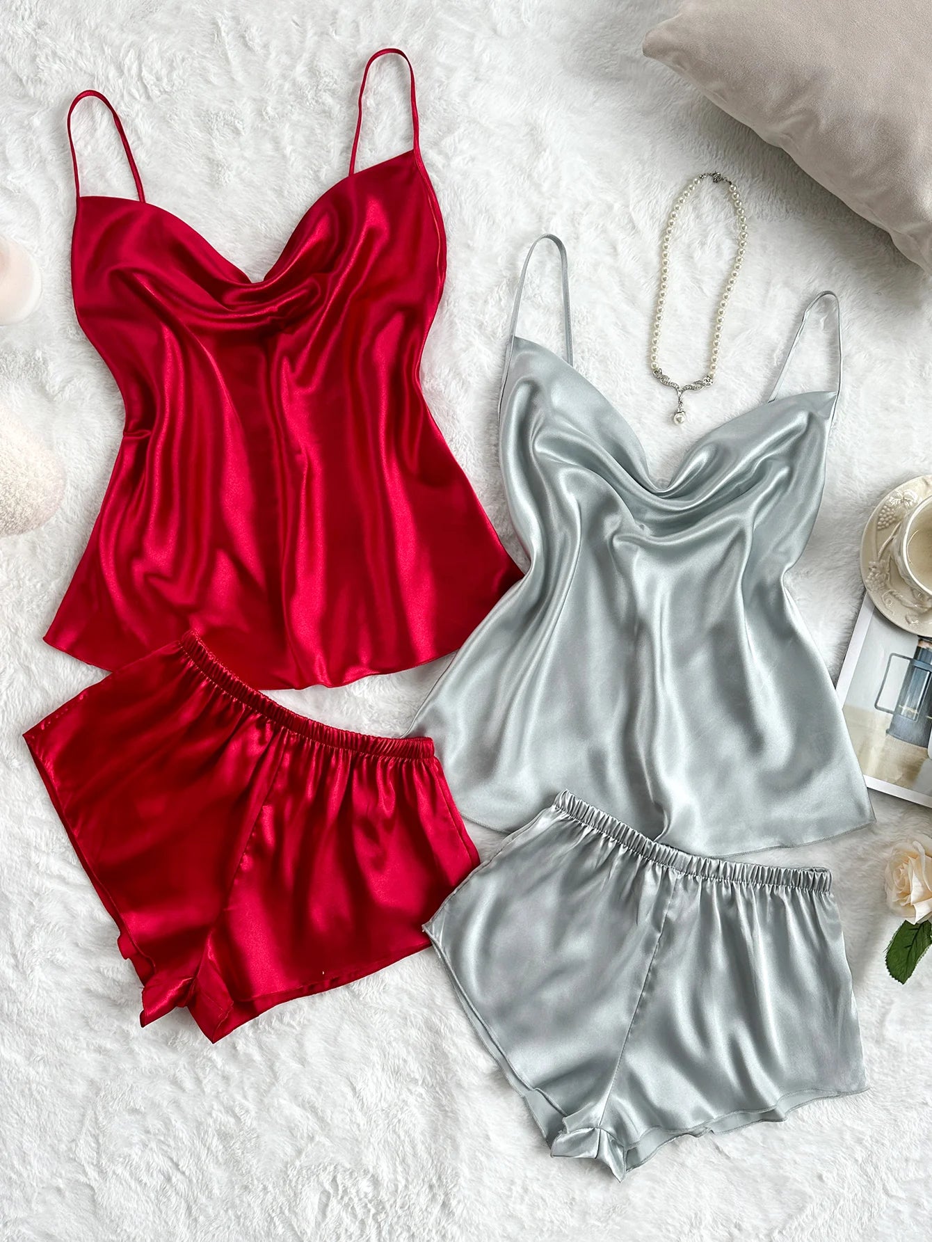 Women's Sexy Solid Satin Pajama Set Top and Shorts soft and comfortable Four piece set